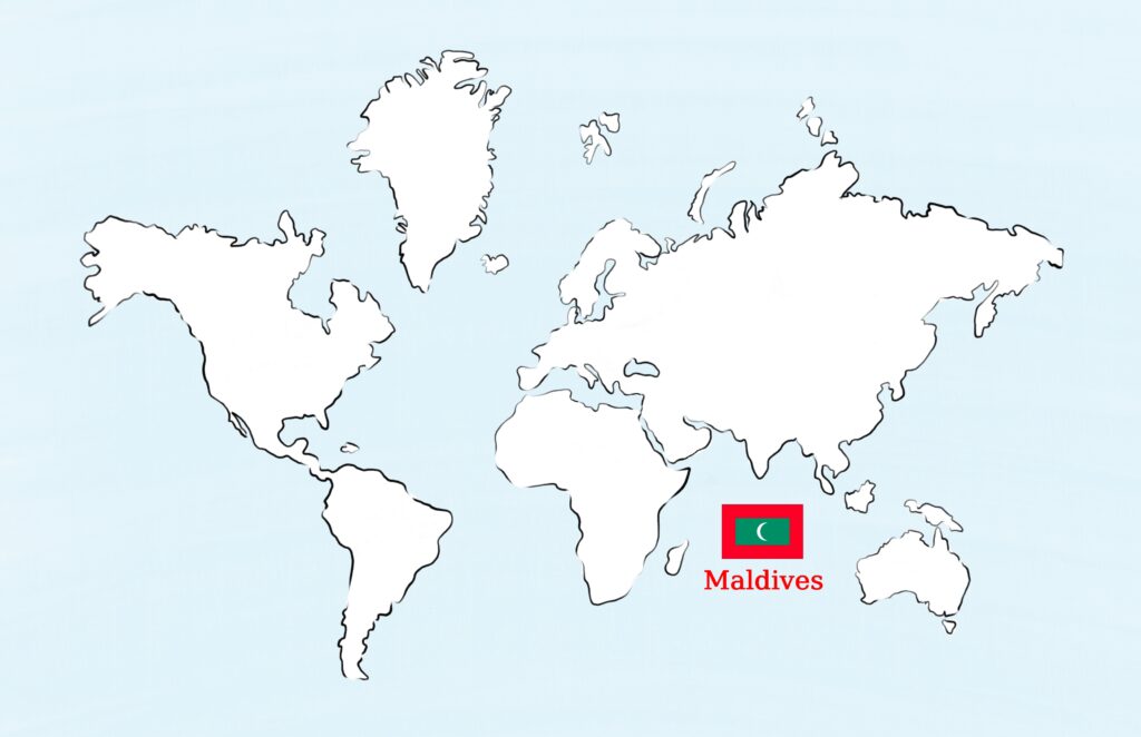 World map with the location of the Maldives marked.